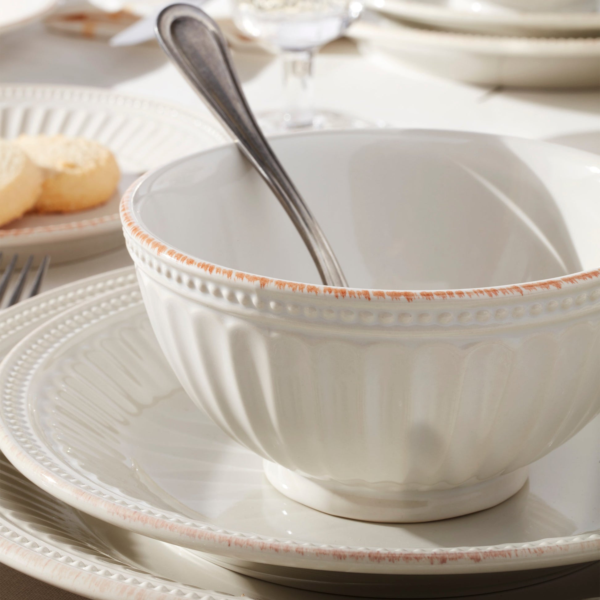 French Perle Groove White 18-Piece Dinnerware Set