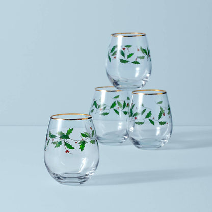 Holiday Stemless Wine Glasses, Set of 4
