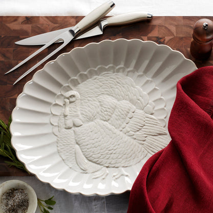 French Perle White Carved Turkey Platter