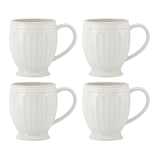 French Perle Groove White Mugs, Set of 4
