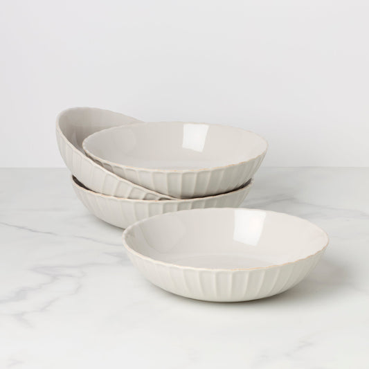 French Perle Scallop White Pasta Bowls, Set of 4