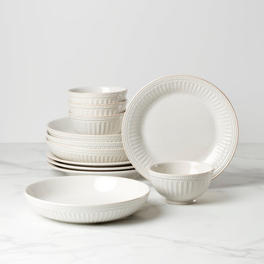 French Perle Groove White 12-Piece Dinnerware Set