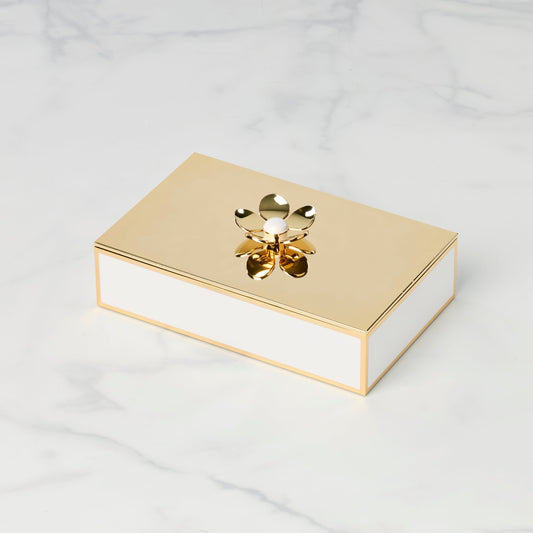 Gold rectangular box with a decorative emblem on a light gray background