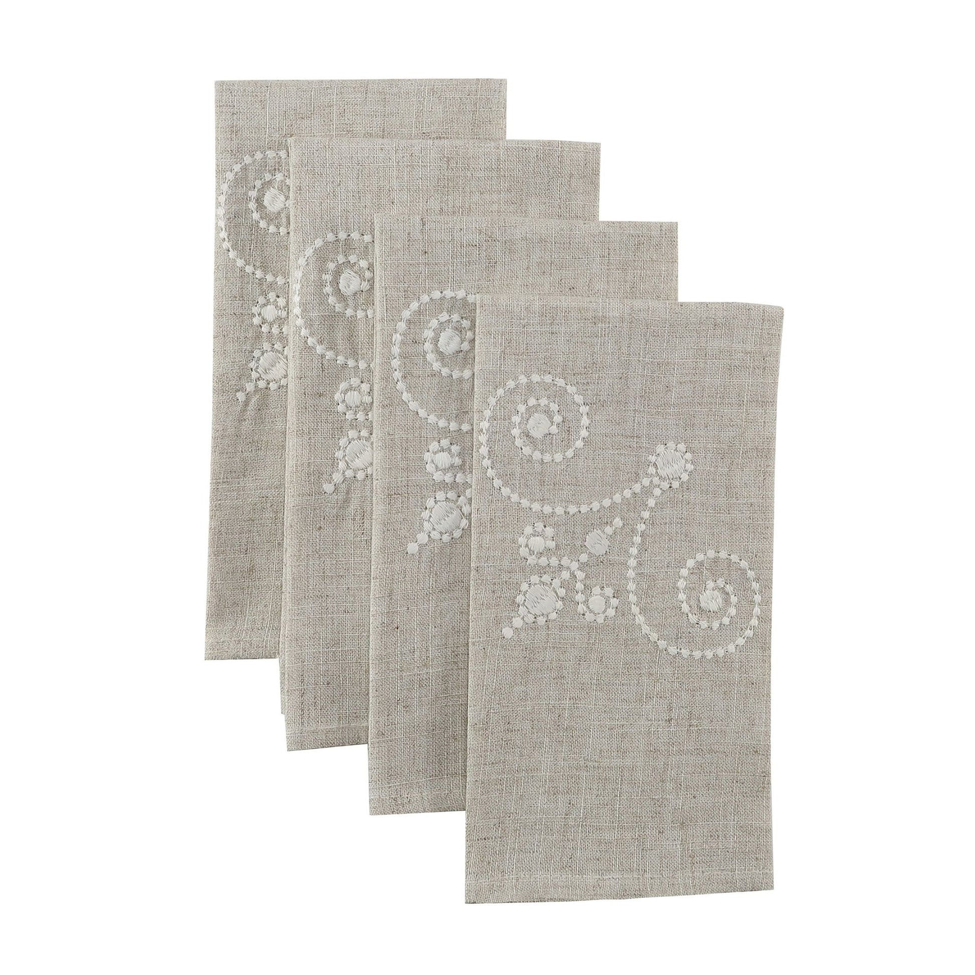 French Perle Linen Embroidered Dinner Napkins, Set of 4